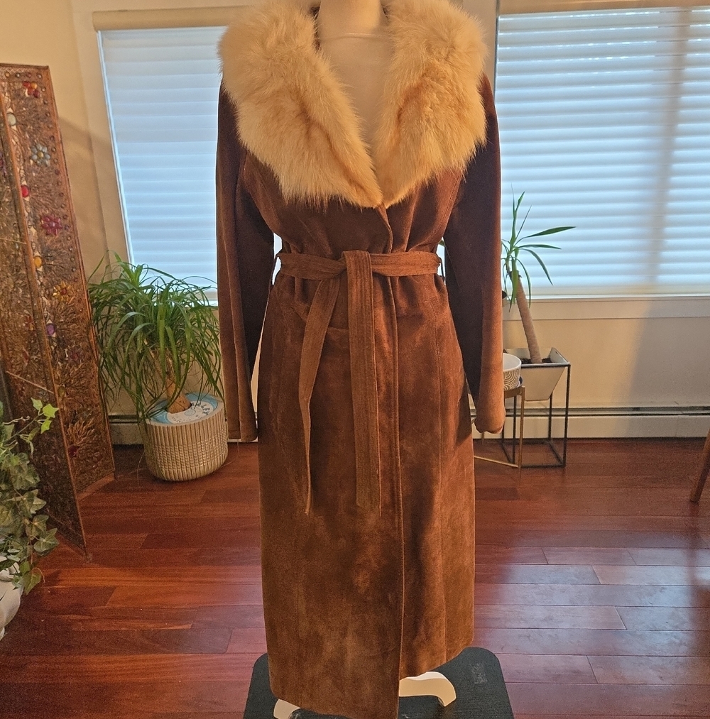 VTG 70s Saks Fifth Avenue Suede Fox Fur Glam Belted Trench Coat Brown Small